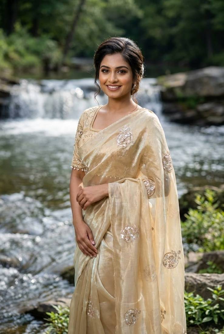 Cream Color embroidery beats work Silk Blend Saree