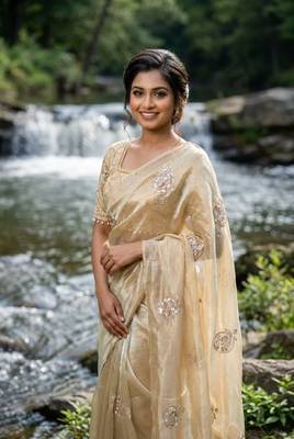 Cream Color embroidery beats work Silk Blend Saree 1
