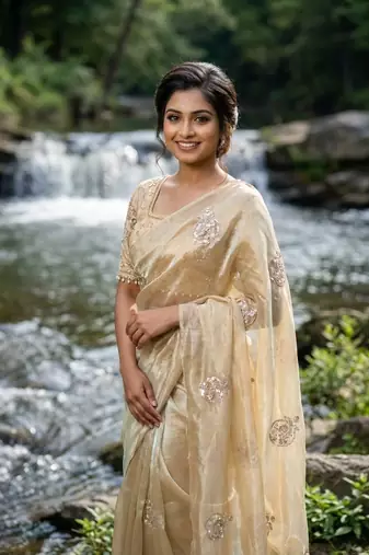 Cream Color embroidery beats work Silk Blend Saree