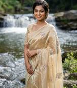 Cream Color embroidery beats work Silk Blend Saree