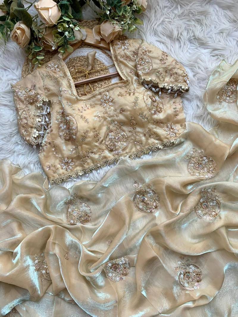 Cream Color embroidery beats work Silk Blend Saree