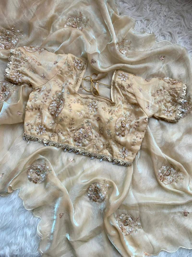 Cream Color embroidery beats work Silk Blend Saree