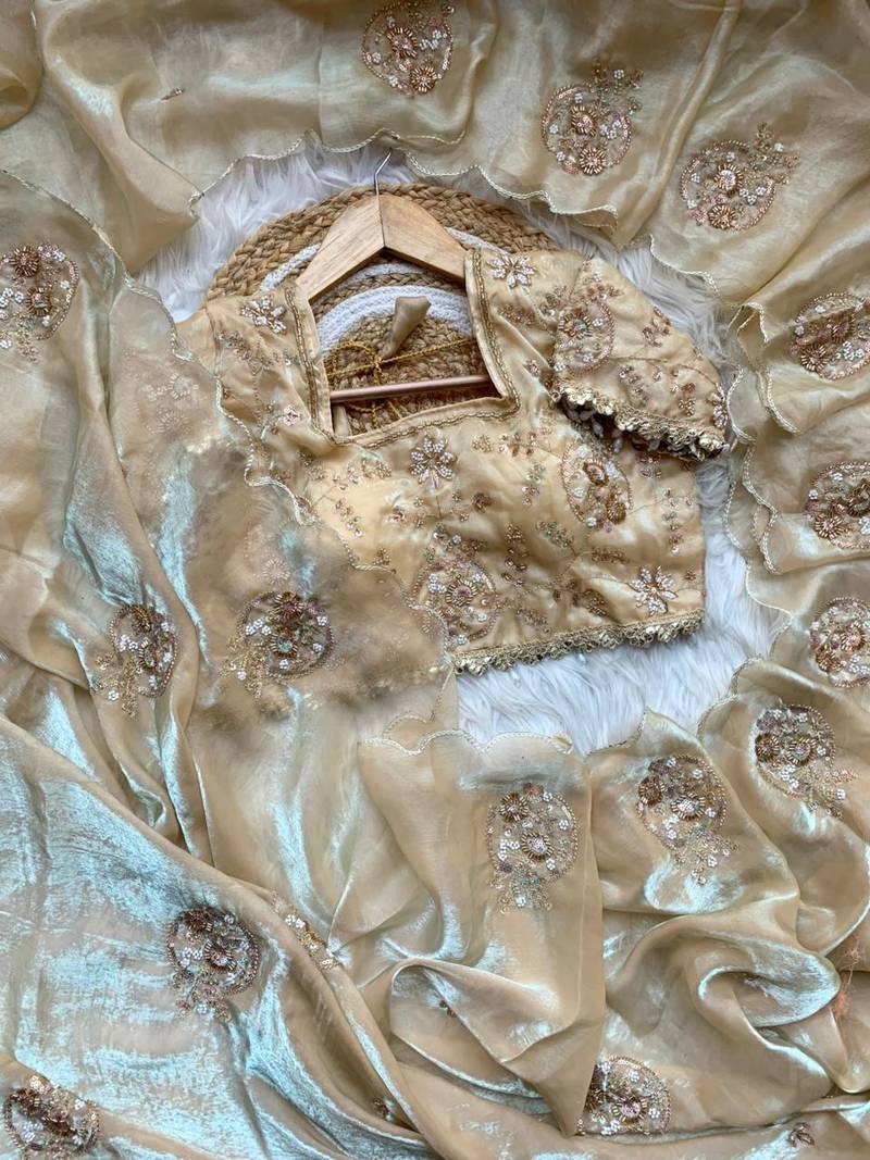 Cream Color embroidery beats work Silk Blend Saree