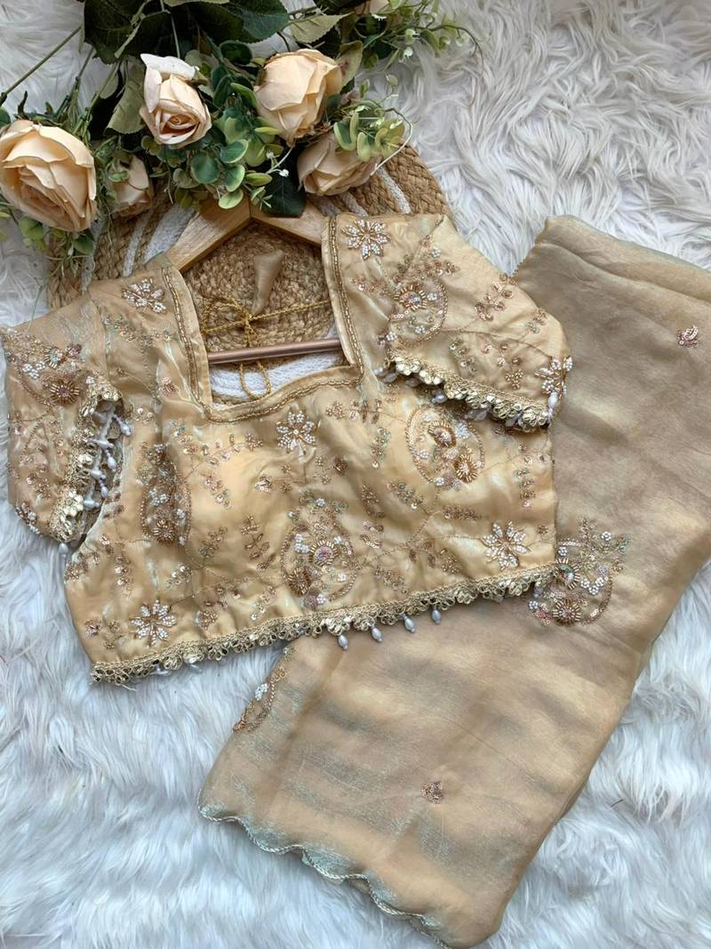 Cream Color embroidery beats work Silk Blend Saree