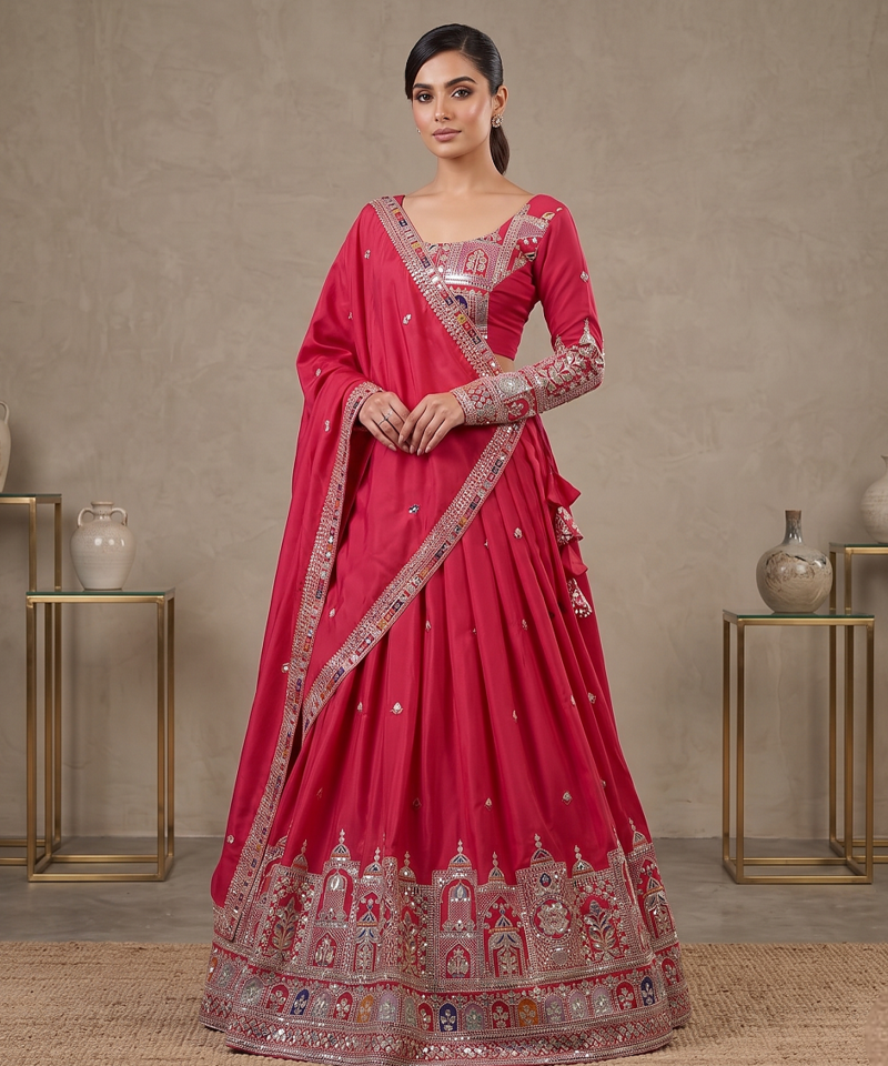 Pink Traditional Lehenga Choli with Heavy Border Work & Elegant Dupatta