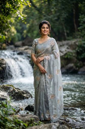 Grey Color embroidery beats work Silk Blend Saree