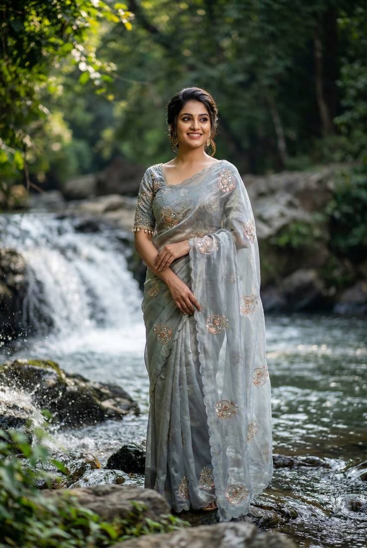 Grey Color embroidery beats work Silk Blend Saree