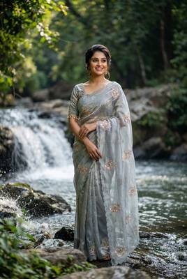 Grey Color embroidery beats work Silk Blend Saree 1