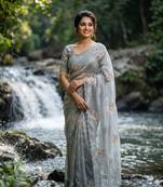 Grey Color embroidery beats work Silk Blend Saree