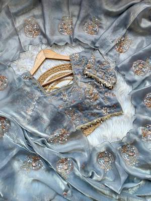 Grey Color embroidery beats work Silk Blend Saree 3