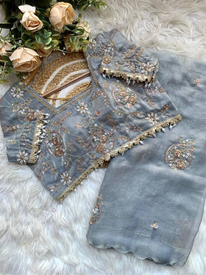 Grey Color embroidery beats work Silk Blend Saree