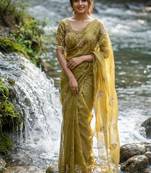 Olive Color embroidery beats work Silk Blend Saree