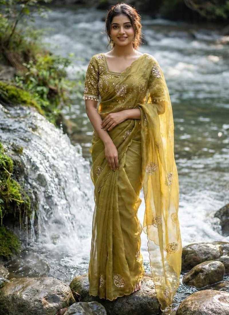 Olive Color embroidery beats work Silk Blend Saree