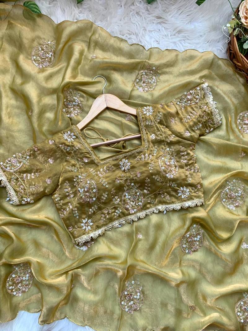 Olive Color embroidery beats work Silk Blend Saree