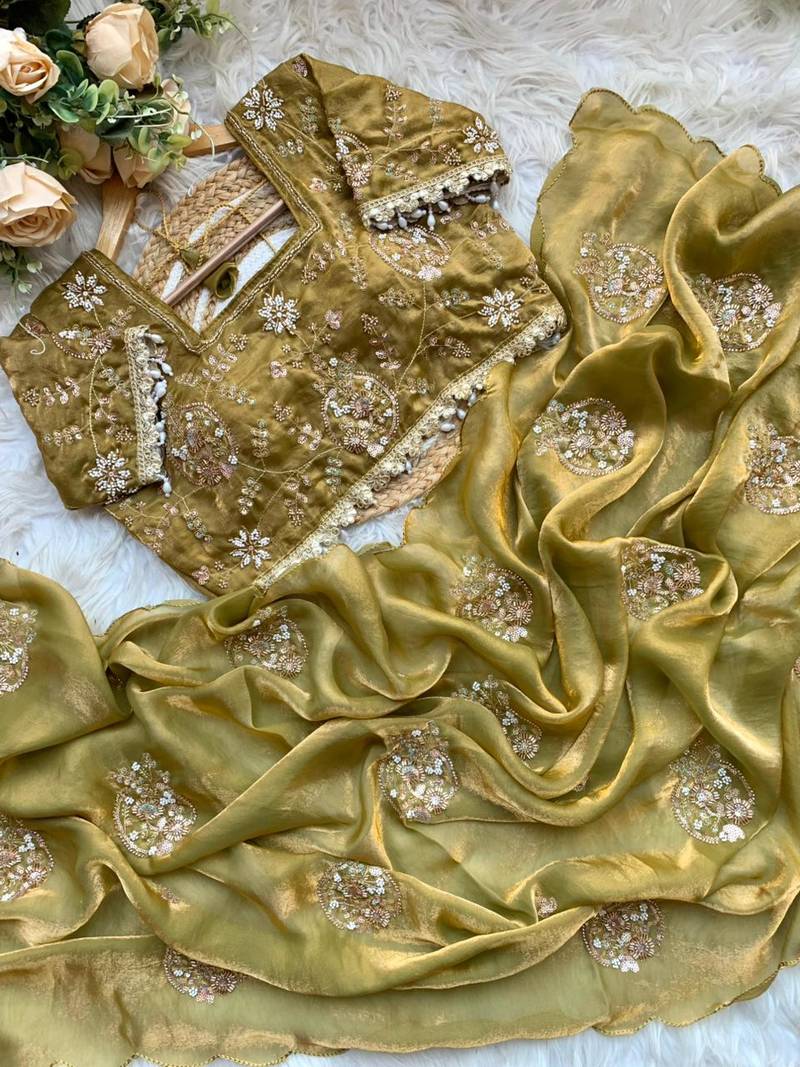Olive Color embroidery beats work Silk Blend Saree