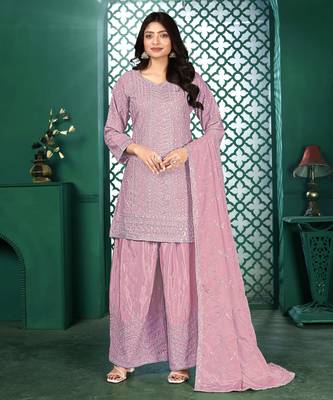 Light pink chinon stitched top with stitched chinon bottom and chinon dupatta 3/4 sleeve embroidered straight kurta 1
