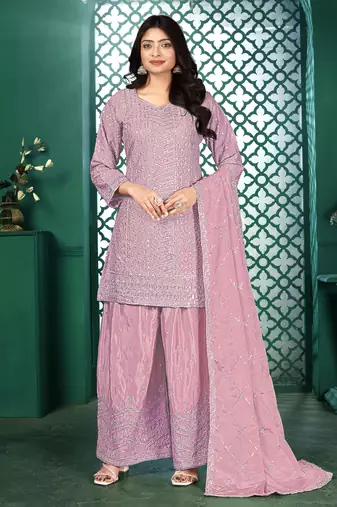 Light pink chinon stitched top with stitched chinon bottom and chinon dupatta 3/4 sleeve embroidered straight kurta