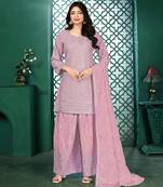 Light pink chinon stitched top with stitched chinon bottom and chinon dupatta 3/4 sleeve embroidered straight kurta