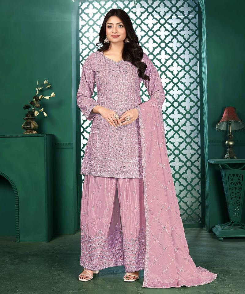 Light pink chinon stitched top with stitched chinon bottom and chinon dupatta 3/4 sleeve embroidered straight kurta