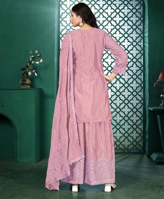 Light pink chinon stitched top with stitched chinon bottom and chinon dupatta 3/4 sleeve embroidered straight kurta 2