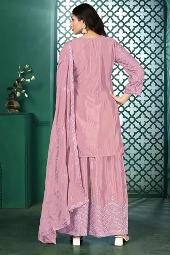 Light pink chinon stitched top with stitched chinon bottom and chinon dupatta 3/4 sleeve embroidered straight kurta