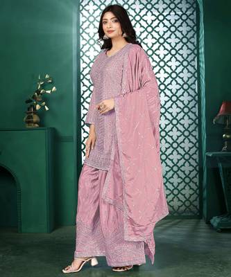 Light pink chinon stitched top with stitched chinon bottom and chinon dupatta 3/4 sleeve embroidered straight kurta 3
