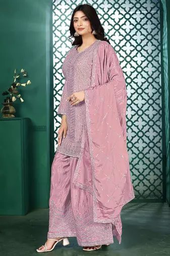 Light pink chinon stitched top with stitched chinon bottom and chinon dupatta 3/4 sleeve embroidered straight kurta