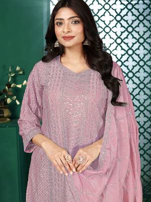 Light pink chinon stitched top with stitched chinon bottom and chinon dupatta 3/4 sleeve embroidered straight kurta 4