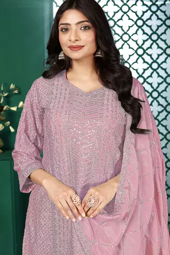 Light pink chinon stitched top with stitched chinon bottom and chinon dupatta 3/4 sleeve embroidered straight kurta