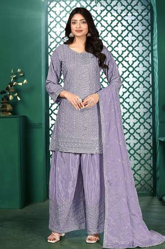 Light purple chinon stitched top with stitched chinon bottom and chinon dupatta 3/4 sleeve embroidered straight kurta