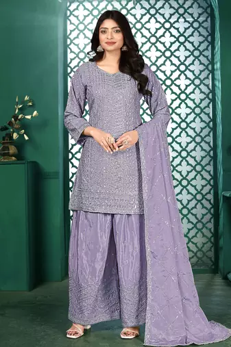 Light purple chinon stitched top with stitched chinon bottom and chinon dupatta 3/4 sleeve embroidered straight kurta