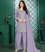 Light purple chinon stitched top with stitched chinon bottom and chinon dupatta 3/4 sleeve embroidered straight kurta