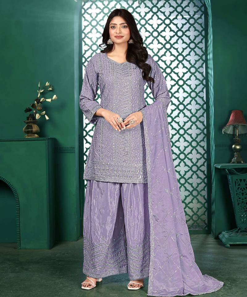 Light purple chinon stitched top with stitched chinon bottom and chinon dupatta 3/4 sleeve embroidered straight kurta