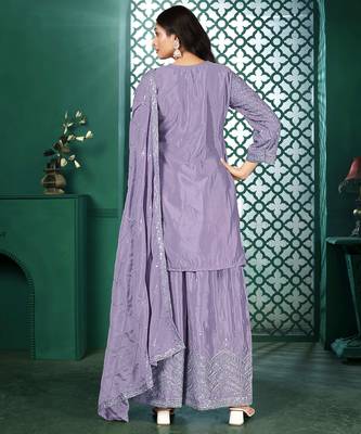 Light purple chinon stitched top with stitched chinon bottom and chinon dupatta 3/4 sleeve embroidered straight kurta 2