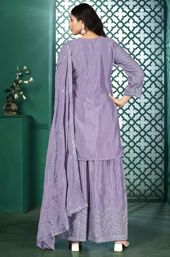 Light purple chinon stitched top with stitched chinon bottom and chinon dupatta 3/4 sleeve embroidered straight kurta