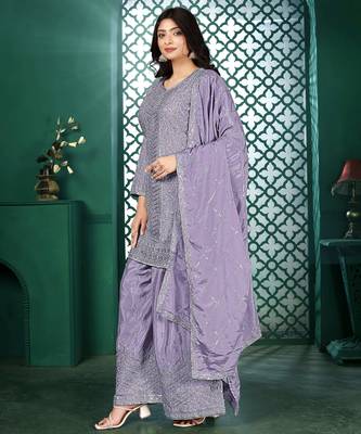 Light purple chinon stitched top with stitched chinon bottom and chinon dupatta 3/4 sleeve embroidered straight kurta 3
