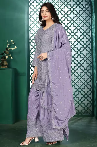 Light purple chinon stitched top with stitched chinon bottom and chinon dupatta 3/4 sleeve embroidered straight kurta