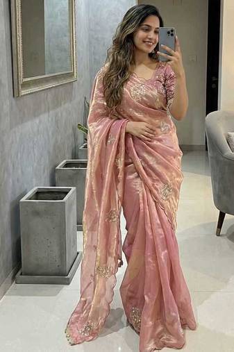 Peach Color embroidery beats work Silk Blend Saree