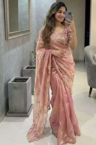 Peach Color embroidery beats work Silk Blend Saree