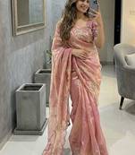 Peach Color embroidery beats work Silk Blend Saree