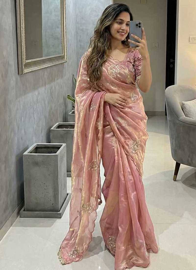 Peach Color embroidery beats work Silk Blend Saree
