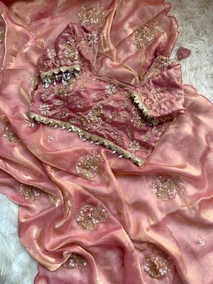 Peach Color embroidery beats work Silk Blend Saree 4