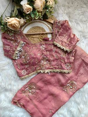 Peach Color embroidery beats work Silk Blend Saree 5
