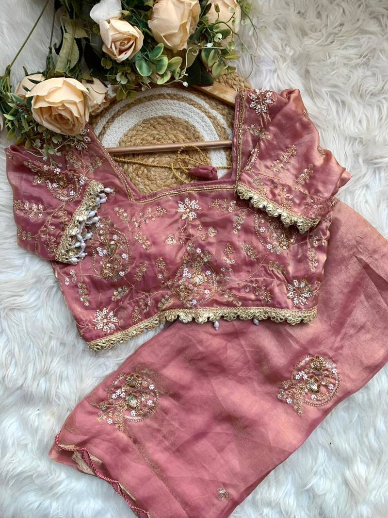 Peach Color embroidery beats work Silk Blend Saree