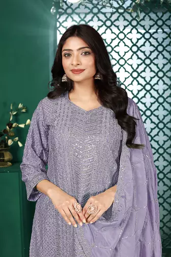 Light purple chinon stitched top with stitched chinon bottom and chinon dupatta 3/4 sleeve embroidered straight kurta