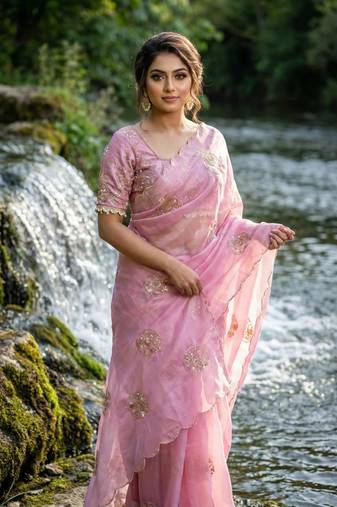 Pink Color embroidery beats work Silk Blend Saree
