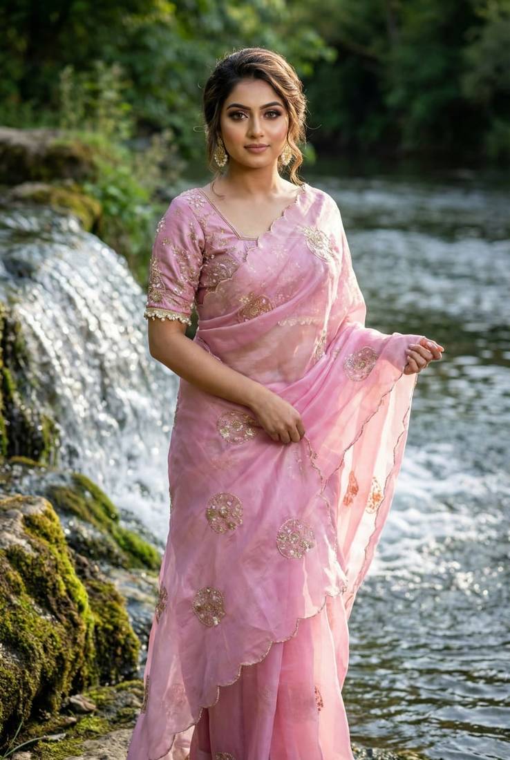 Pink Color embroidery beats work Silk Blend Saree