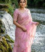 Pink Color embroidery beats work Silk Blend Saree