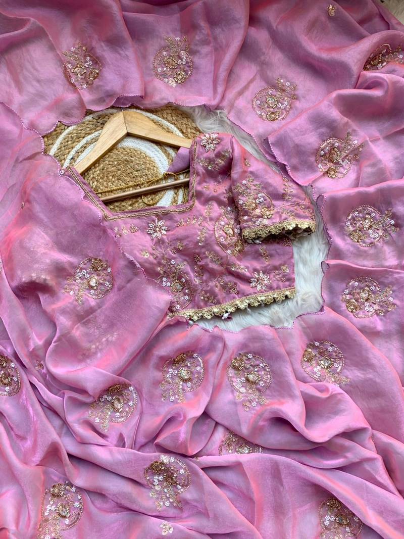 Pink Color embroidery beats work Silk Blend Saree