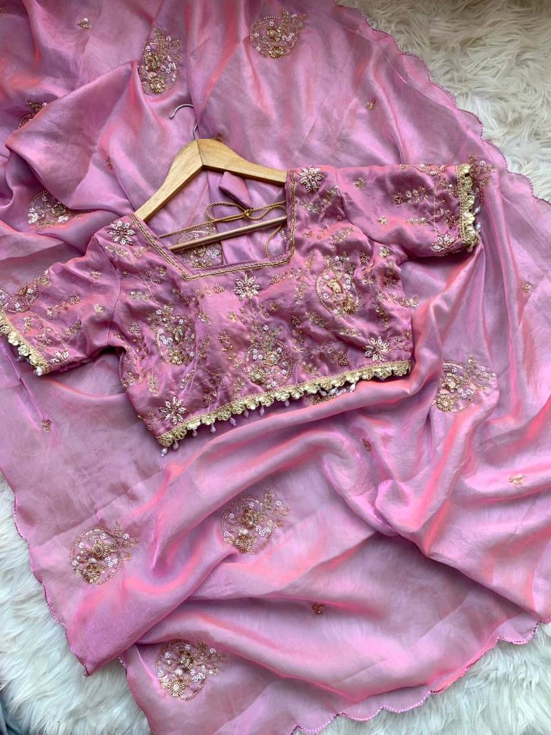 Pink Color embroidery beats work Silk Blend Saree